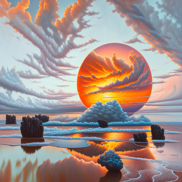 Spectacular sunset painting with radiant sun, serene beach, reflective water