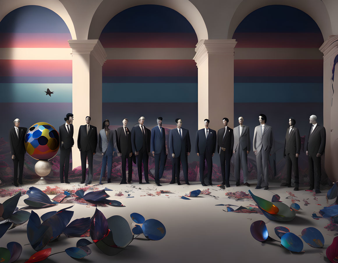 Surreal artwork featuring identical men, colorful ball, butterflies, striped sky, and archway