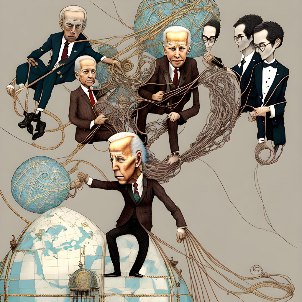 Caricatured figures with exaggerated heads and tangled strings on globe backdrop