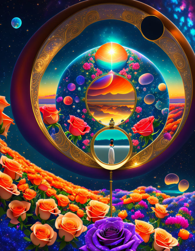 Colorful surreal artwork: person at cosmic gates with planets, sunset, lake, orange roses