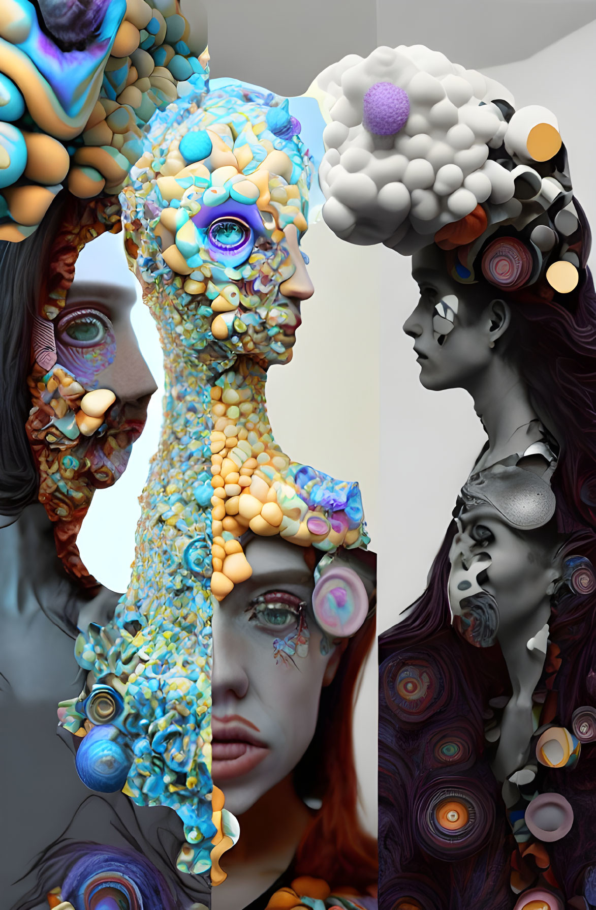 Colorful surreal artwork featuring two side-facing human profiles with textured shapes and objects.