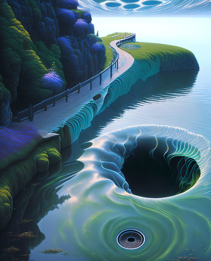 Surrealist landscape with swirling vortex, winding path, vibrant cliffs, and whimsical foliage