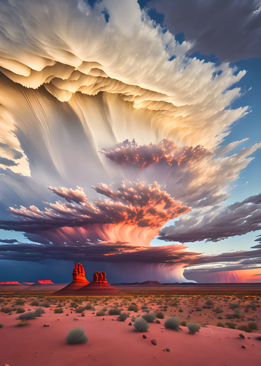 Expansive desert landscape with dramatic sunset clouds