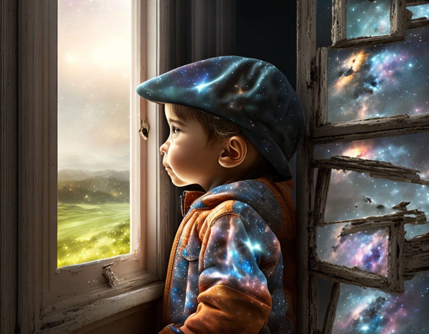 Child in galaxy-print cap and jacket gazes out window at cosmic sky and green landscape.