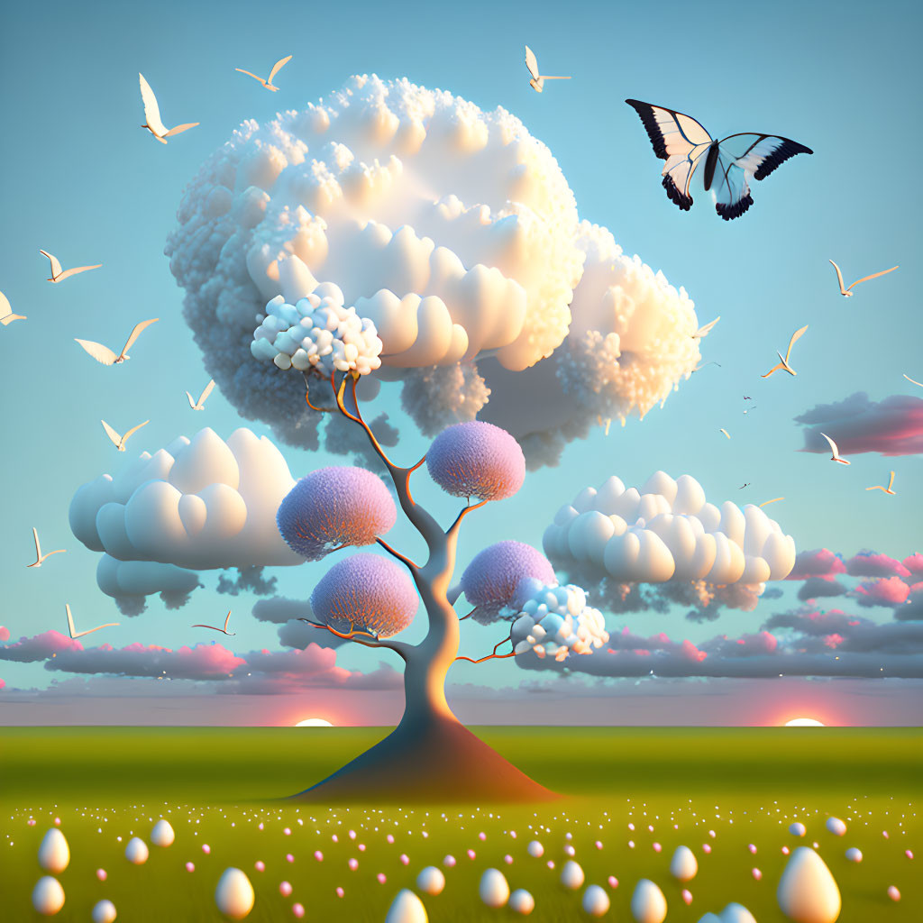 Surreal landscape with cloud-like tree, pink fruits, pearls, birds, and butterfly