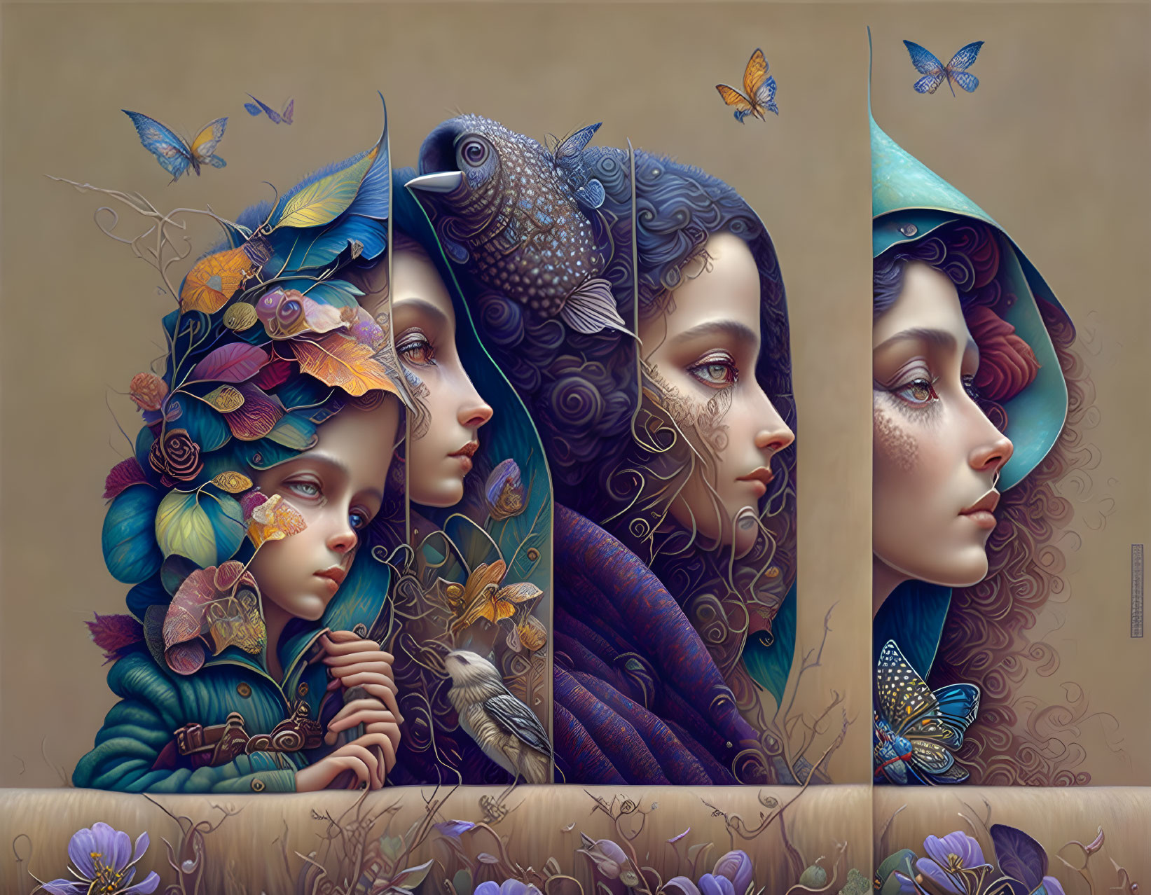 Surreal Artwork: Four Female Figures with Ornate Elements