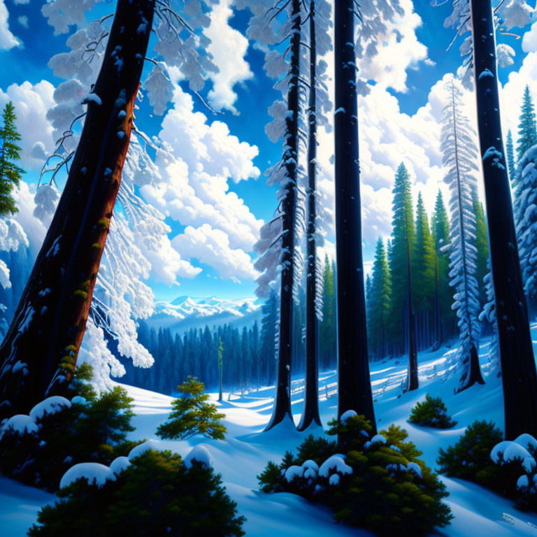 Snow-covered winter forest with tall trees, blue sky, sunlight, and mountains