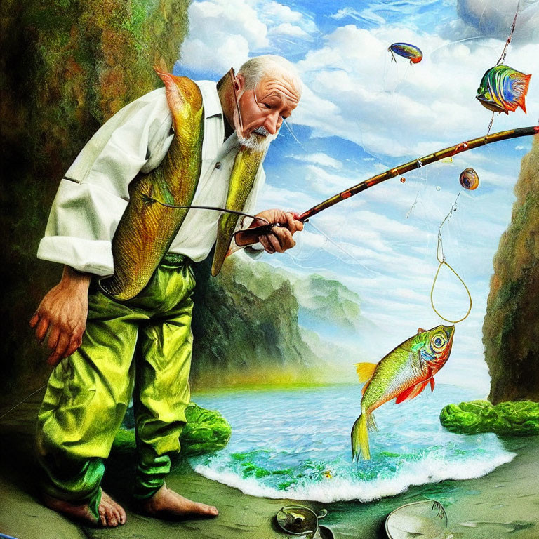 Elderly man fishing in surreal landscape with colorful fish