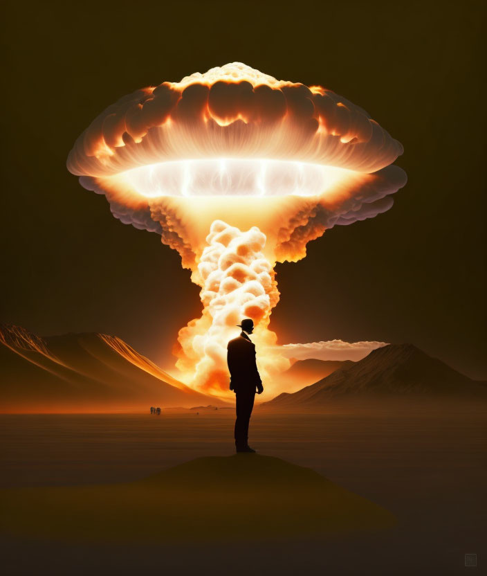 Silhouetted person against glowing mushroom cloud in desert landscape