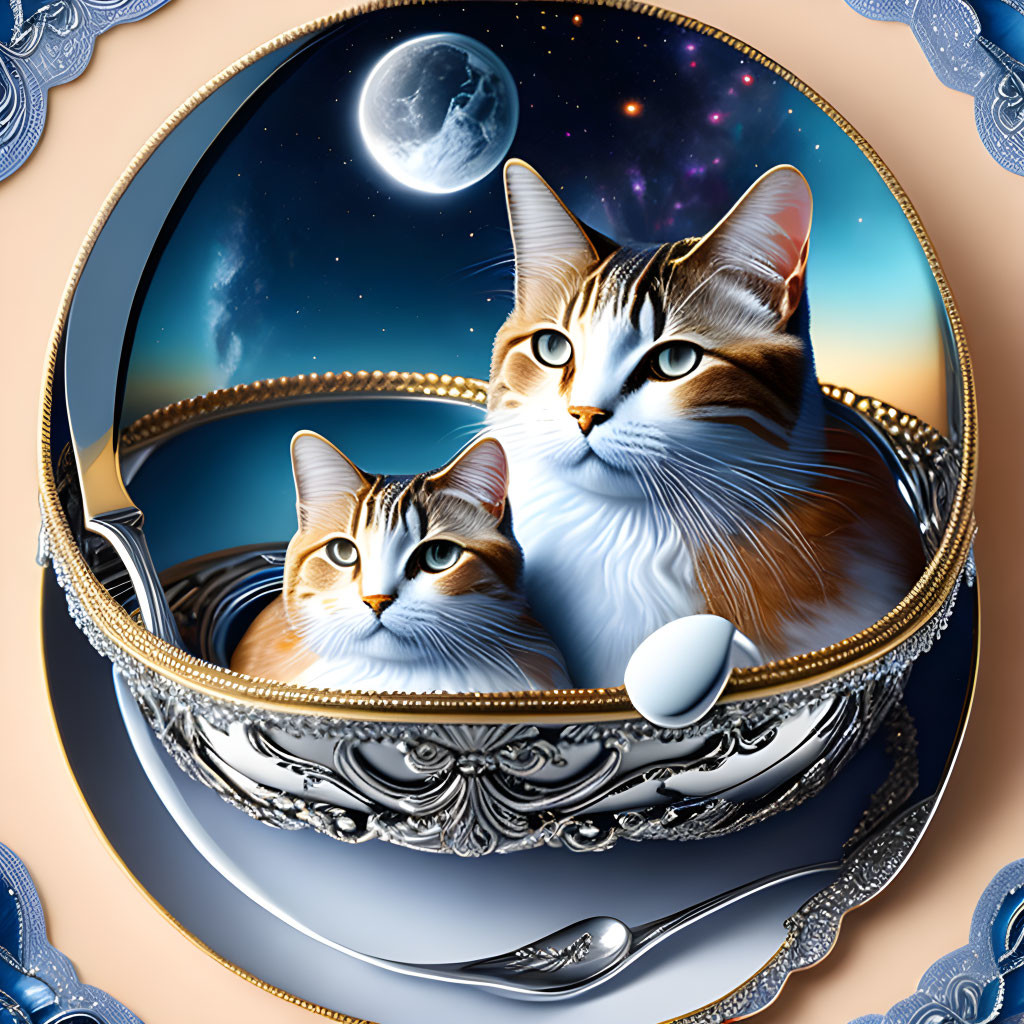 Illustrated cats in silver locket with cosmic background