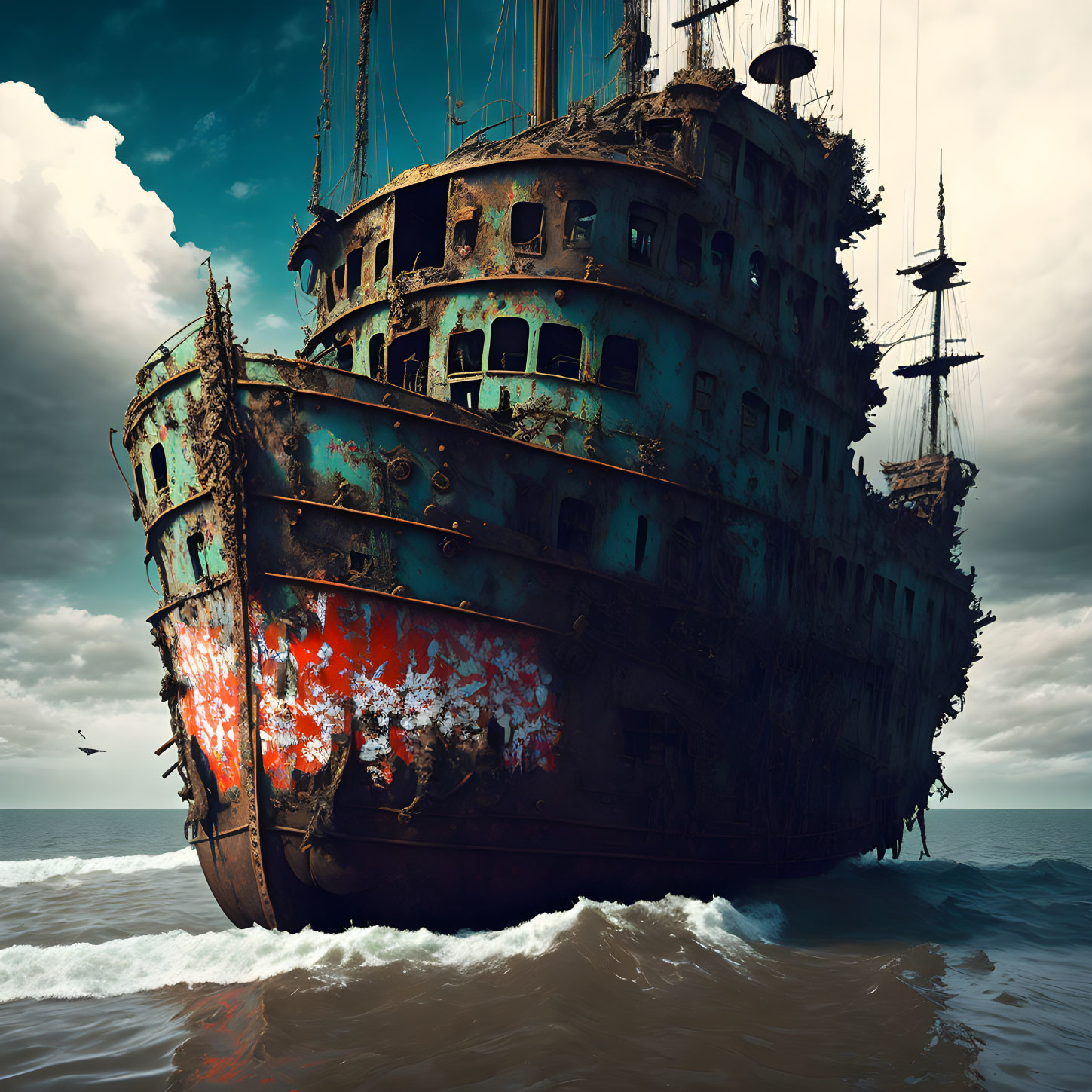 Rusted ghost ship with tattered sails against dramatic sky