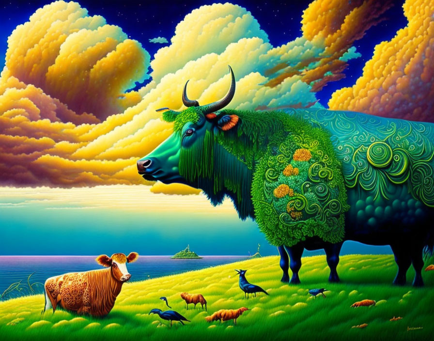 Colorful pastoral scene with stylized bull, sheep, and birds against golden clouds and blue sea