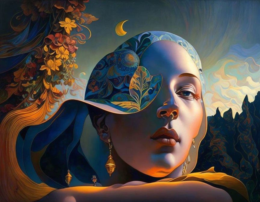 Vibrant surreal portrait merges woman with moonlit landscape