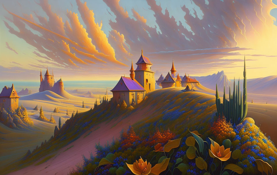 Fantasy landscape with castles, hills, flowers under sunset.