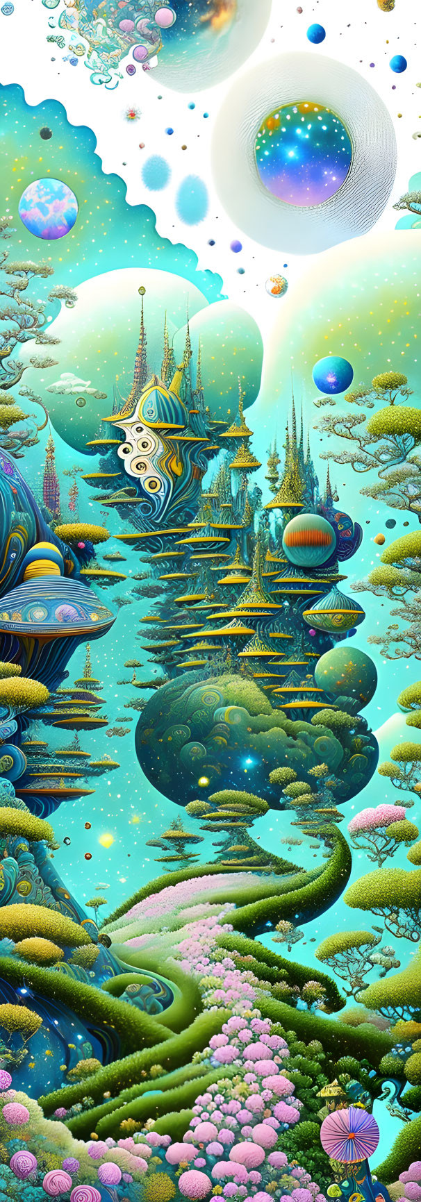 Fantastical landscape with whimsical structures and floating orbs