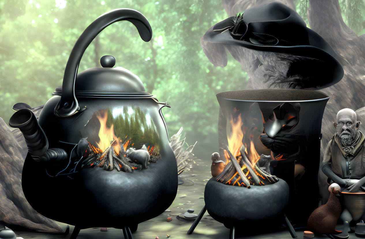 Anthropomorphic teapots in 3D scene tend fire with cook and military general.