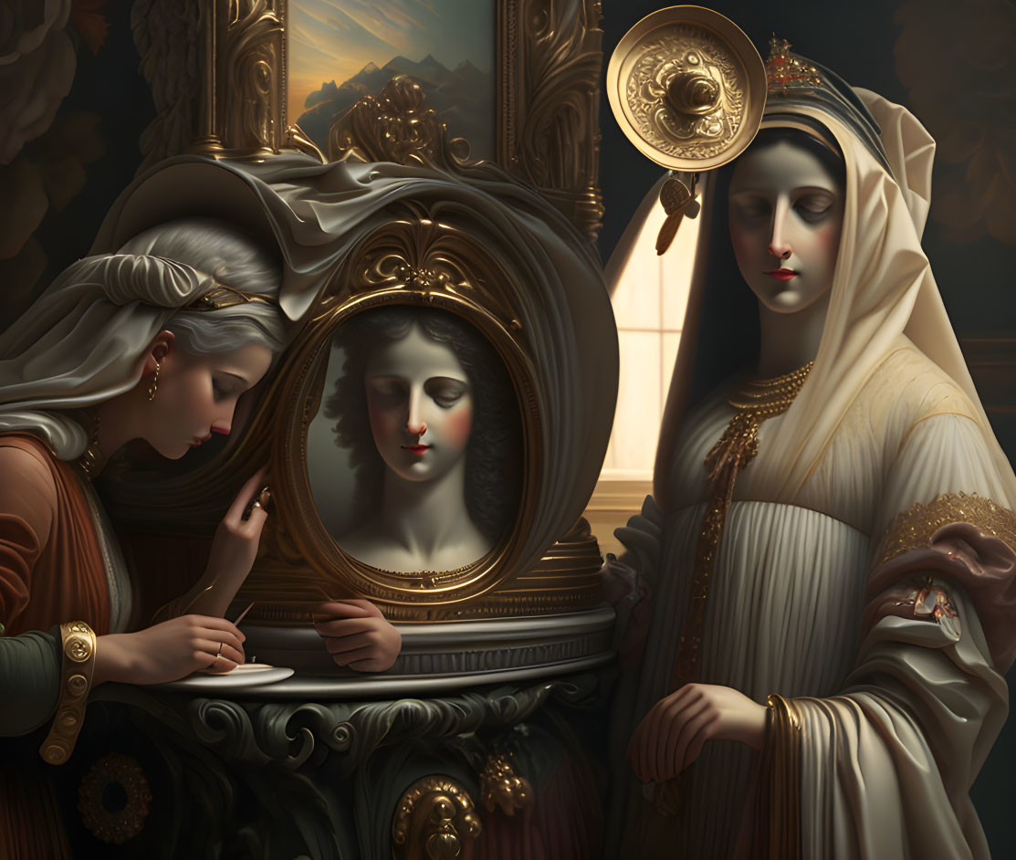 Classical painting of elegant women with mirror, detailed clothing, and dramatic backdrop