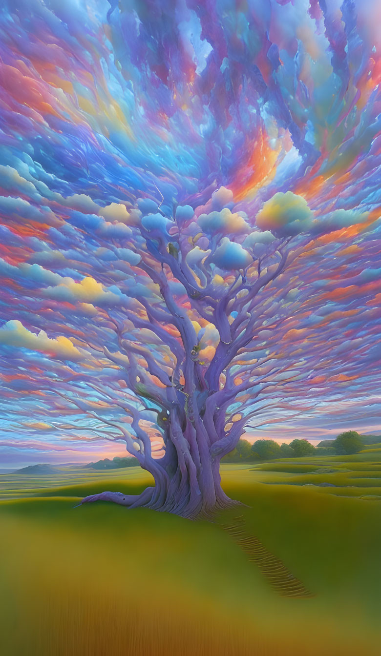 Colorful surreal digital artwork of a purple tree under swirling sky