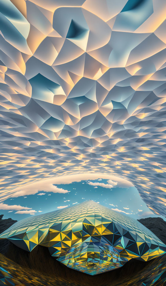 Futuristic dome structure in surreal landscape with geometric sky.