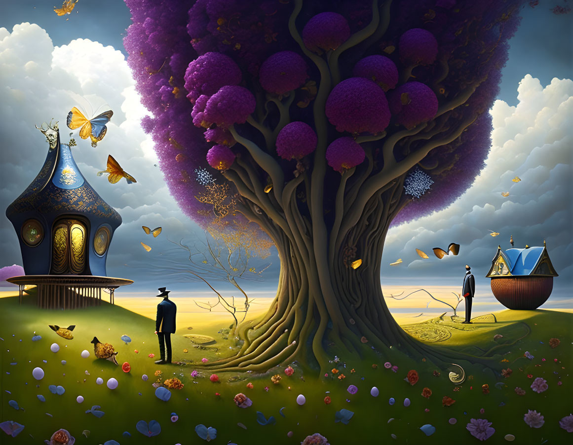 Fantastical sunset scene with figures under tree and butterflies