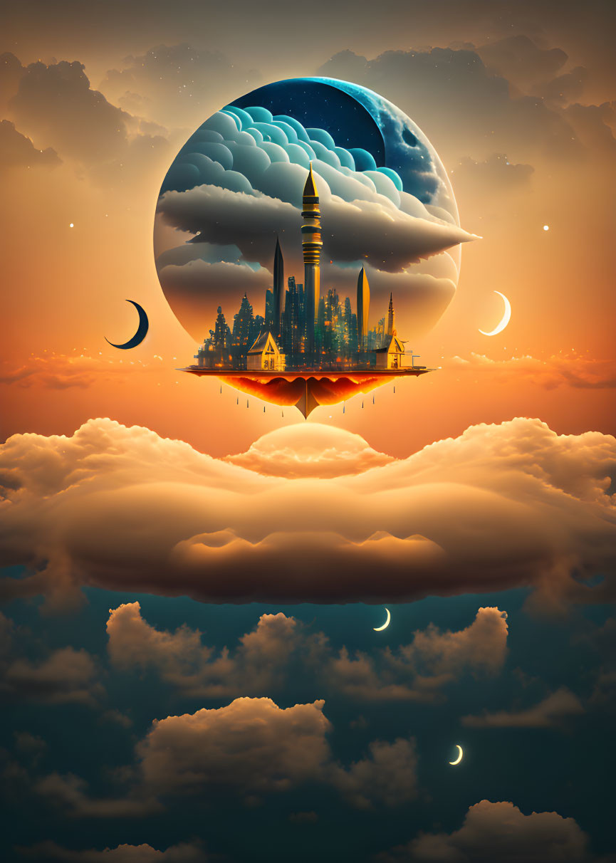 Surreal composite image of floating city under large moon