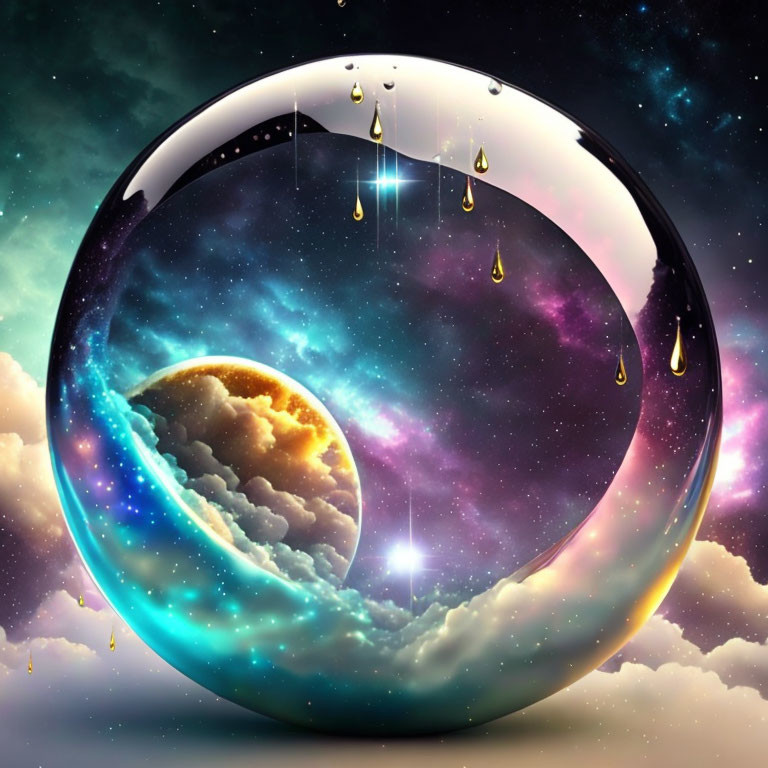 Surreal digital art: Yin-yang with cosmic elements & golden droplets