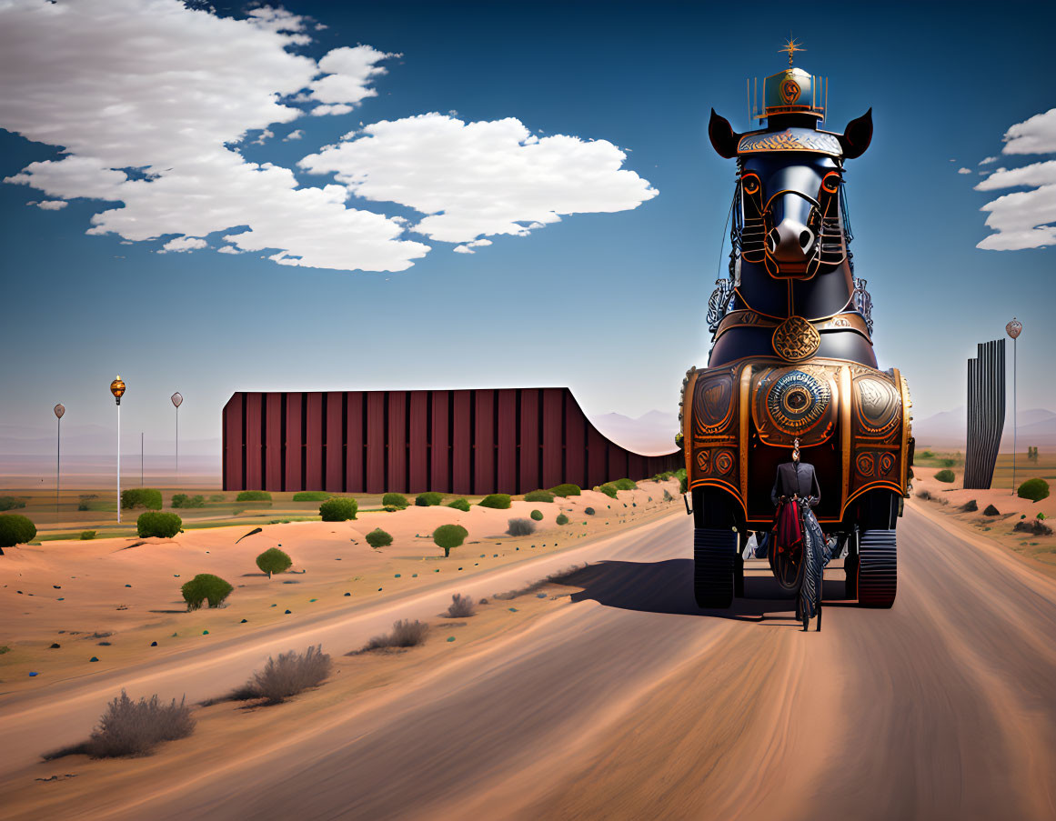 Giant ornate bull statue in desert with man on horse and futuristic buildings under clear sky