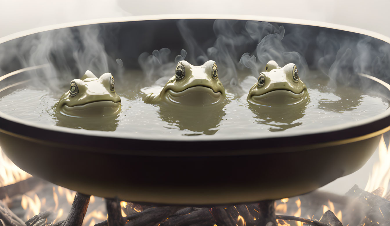 Novelty frog-shaped eggs cooking on open flame with steam