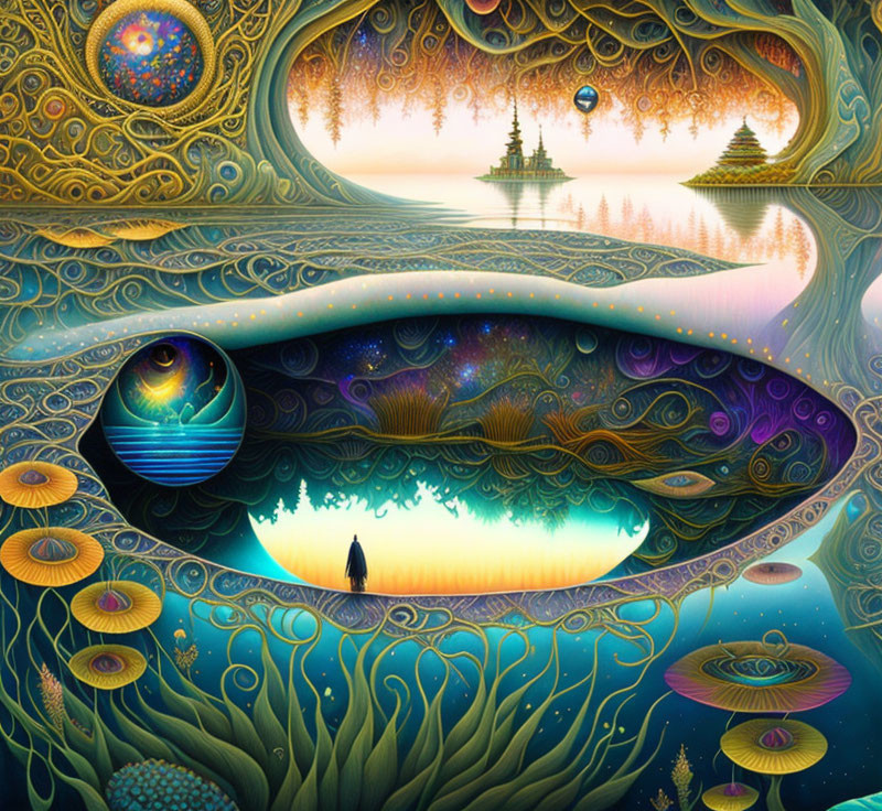 Surreal landscape with eye-shaped lake, figure, flora, and cosmic elements