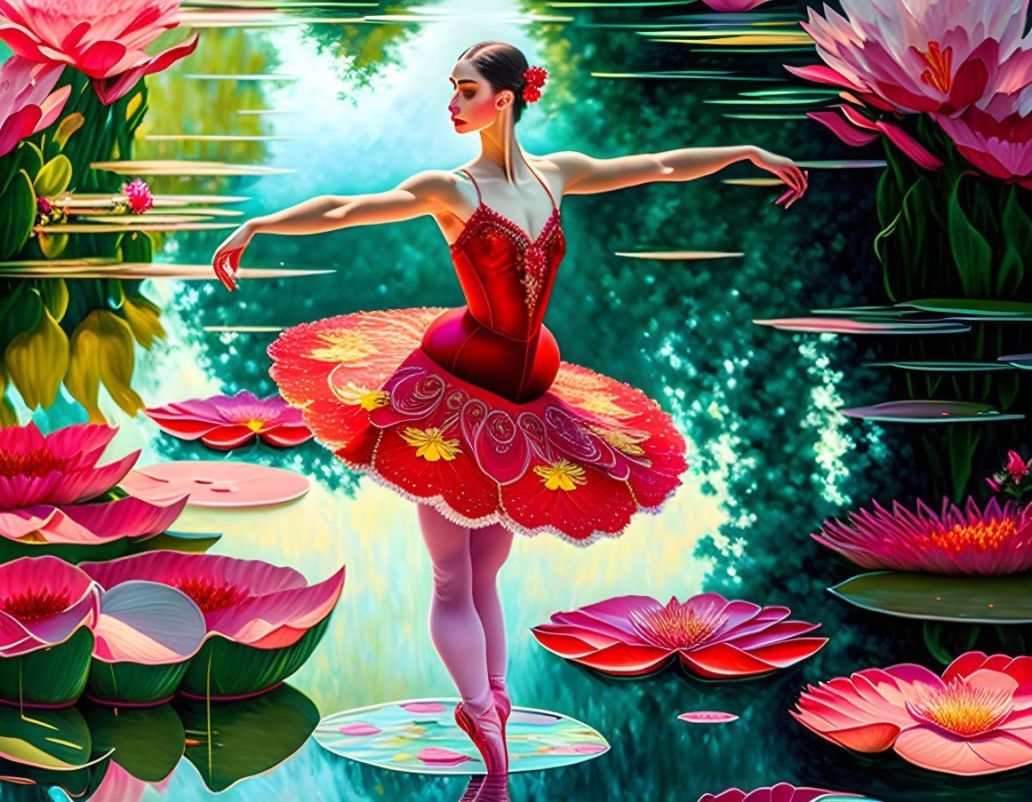 Ballerina in red costume on lily pad with water lilies and lush green backdrop