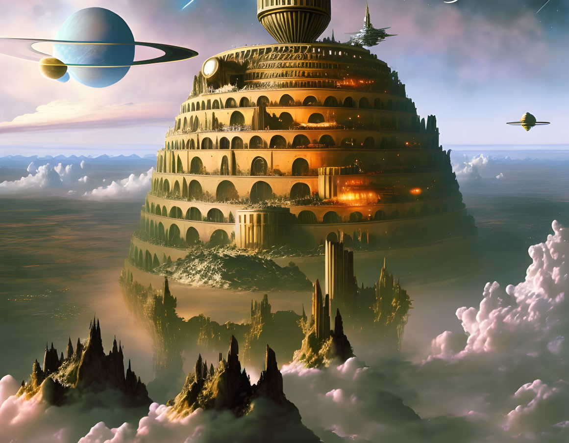 Futuristic cityscape with tiered structure, planets, and flying vehicles