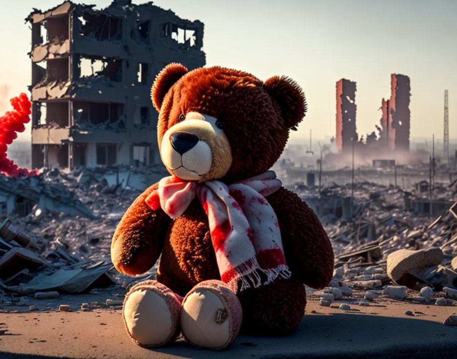 Scarf-wearing teddy bear in front of war-torn urban backdrop