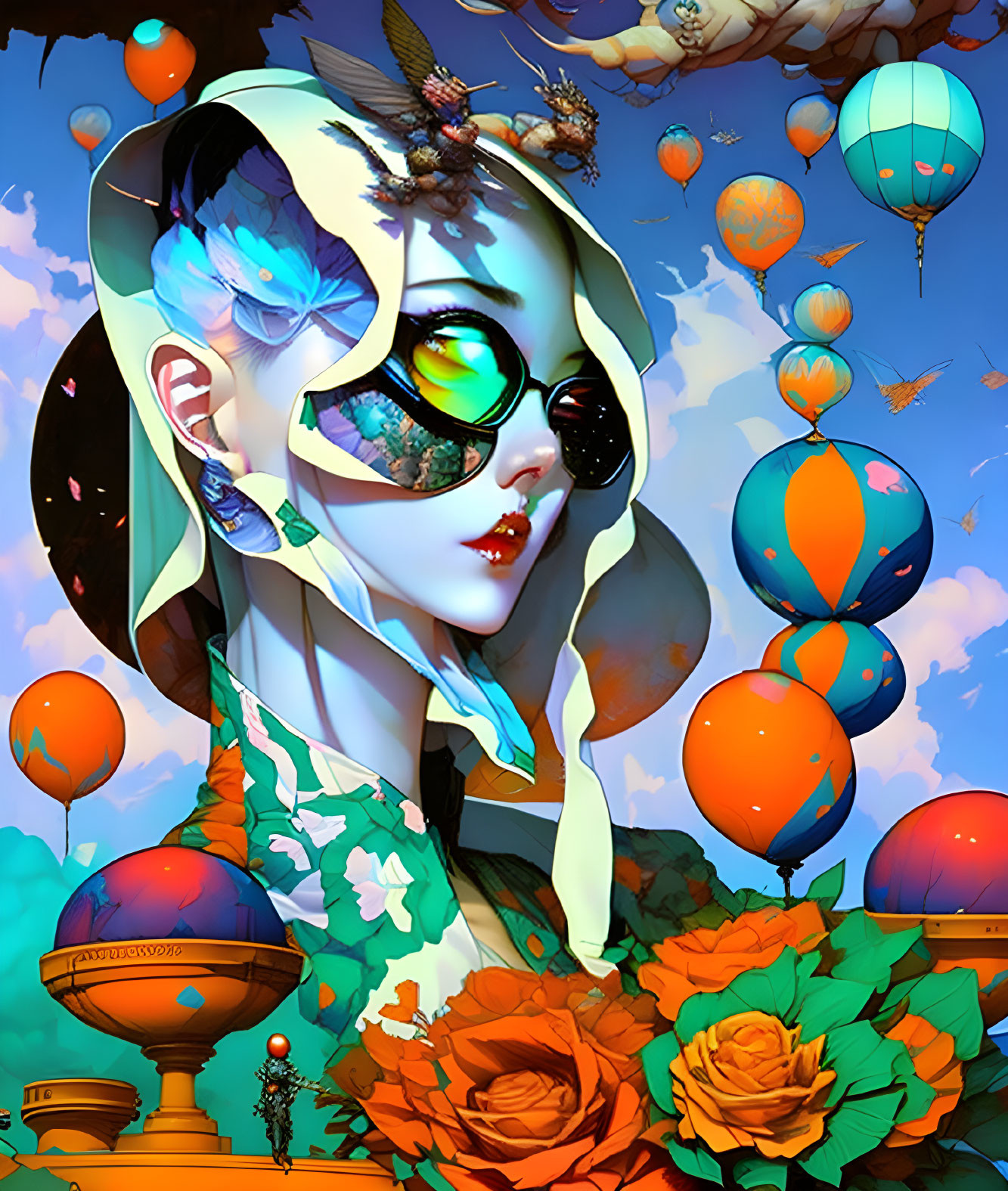 White-Haired Woman with Sunglasses Surrounded by Nature and Hot Air Balloons