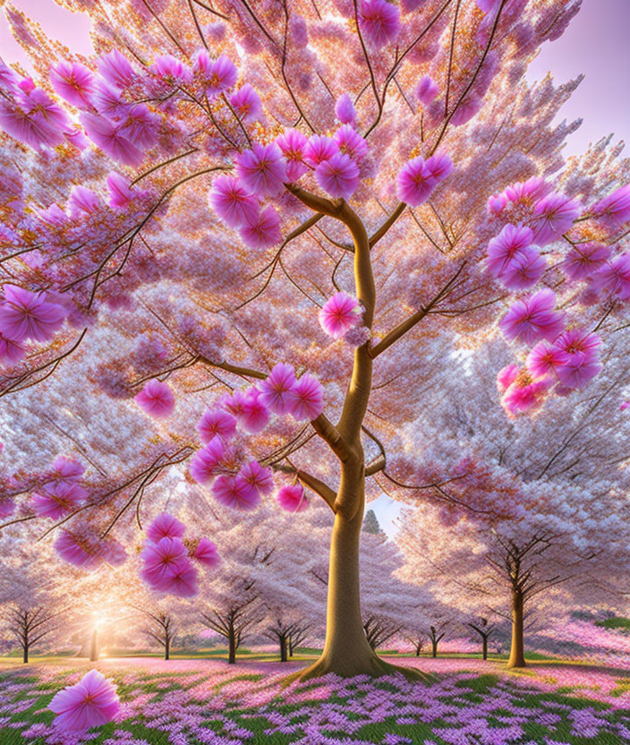 Pink cherry blossom tree in full bloom under blossoming canopy.