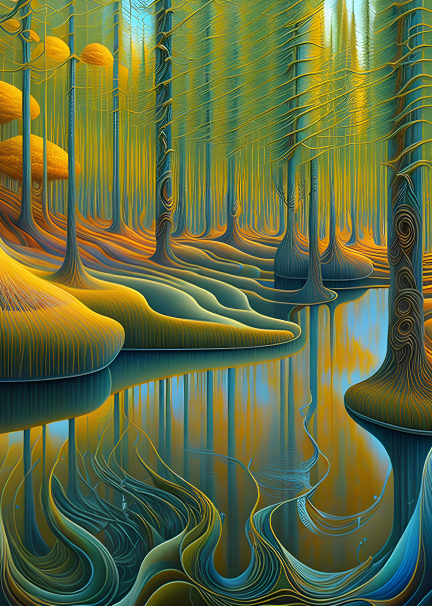 Surreal forest with exaggerated tree patterns and serene blue water reflections