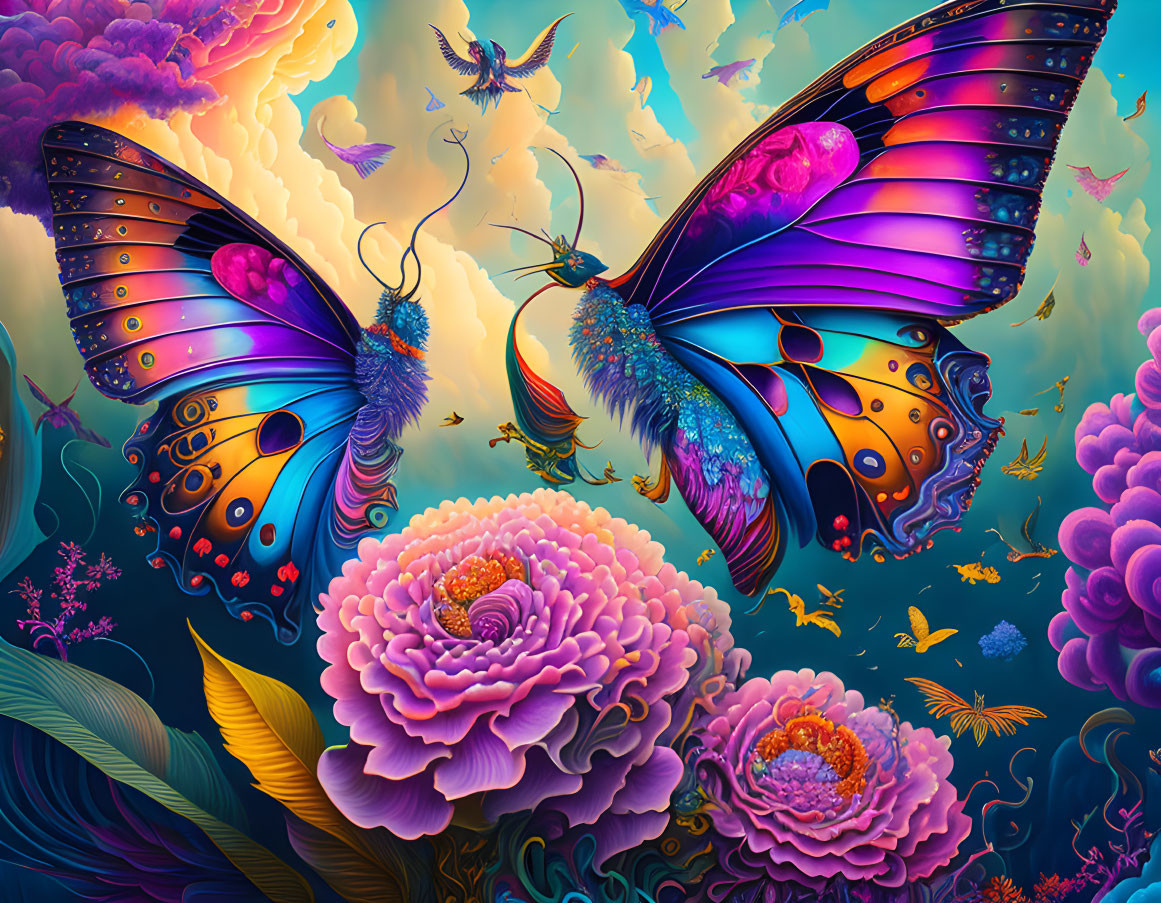 Colorful Digital Artwork: Stylized Butterflies and Flowers in Fantasy Scene