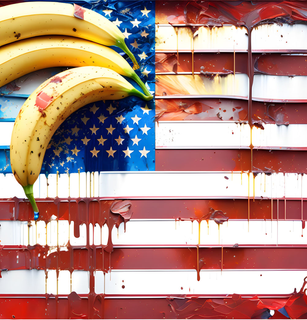 Graphic illustration: Bananas on melting American flag with chocolate effect