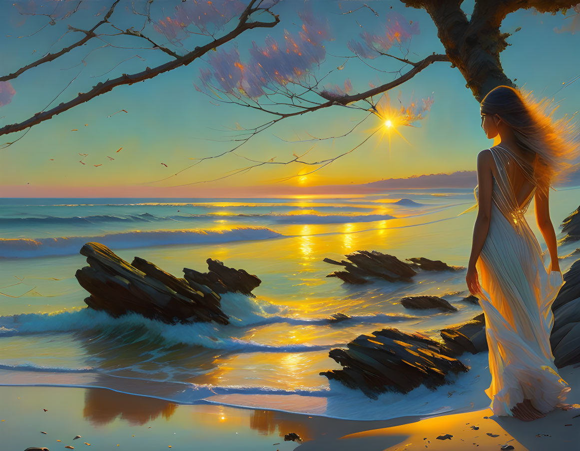 Woman in white dress under blooming tree at sunset beach.