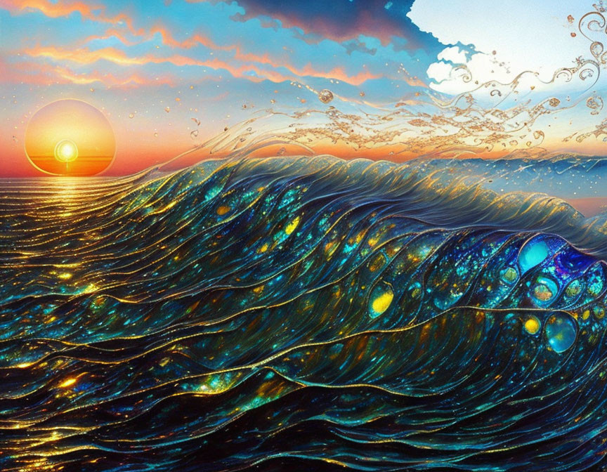 Colorful Sunset Artwork Featuring Luminous Waves and Patterns