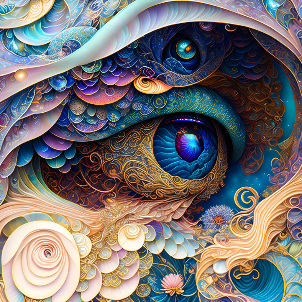 Abstract Art Piece with Ornate Eye-like Patterns in Blue, Gold, and Purple