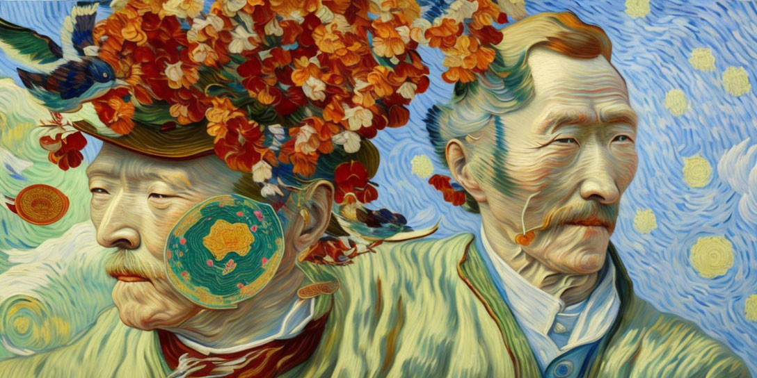 Artistic representation of two men with van Gogh style features surrounded by swirls and florals