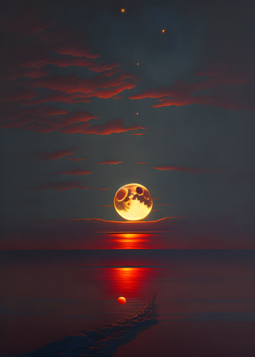 Large Moon with Skull Pattern Rising Above Tranquil Sea and Red Clouds