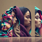 Surreal Artwork: Four Female Figures with Ornate Elements