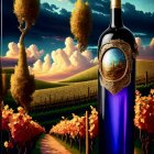 Colorful Wine Bottle Illustration with Vineyard Reflection and Sunset Sky