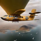 Hybrid Aircraft with Hot Air Balloon and Propeller Features Soaring Over Scenic Landscape