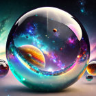 Surreal digital art: Yin-yang with cosmic elements & golden droplets