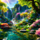 Colorful Fantasy Garden with Waterfall, Rainbow, and Glowing Orbs