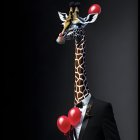 Surrealist image: Giraffe head on human body in tuxedo with red balloons