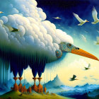 Giant bird illustration with wings forming clouds above temples.