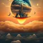 Surreal composite image of floating city under large moon